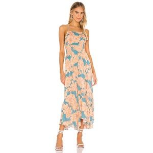 Free People Intimahely Free Orange Blue Floral Maxi Dress Smocked Ruffle S